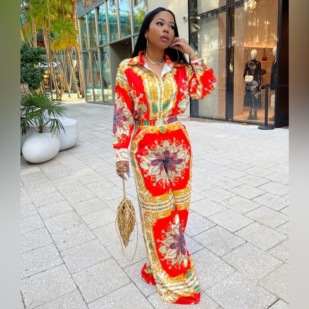 Minaa Monroe NEW Boho Print Satin High Waist Wide Leg Palazzo Pants S